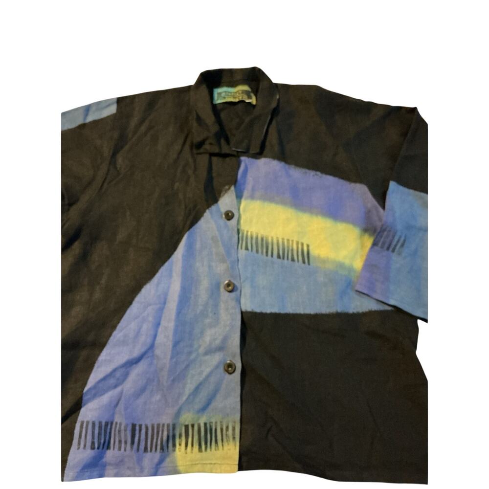 Vtg Farley Art Wear Colorblock Linen Shirt Abstract Geometric Hand-Painted XL